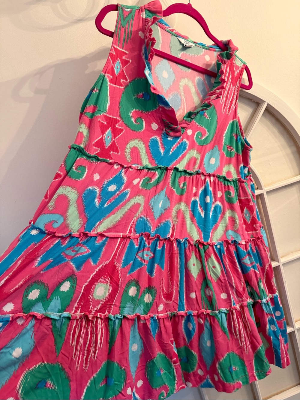 Crown & Ivy Petite Large Pink Ikat Ruffle Tiered Sleeveless Summer Dress PL